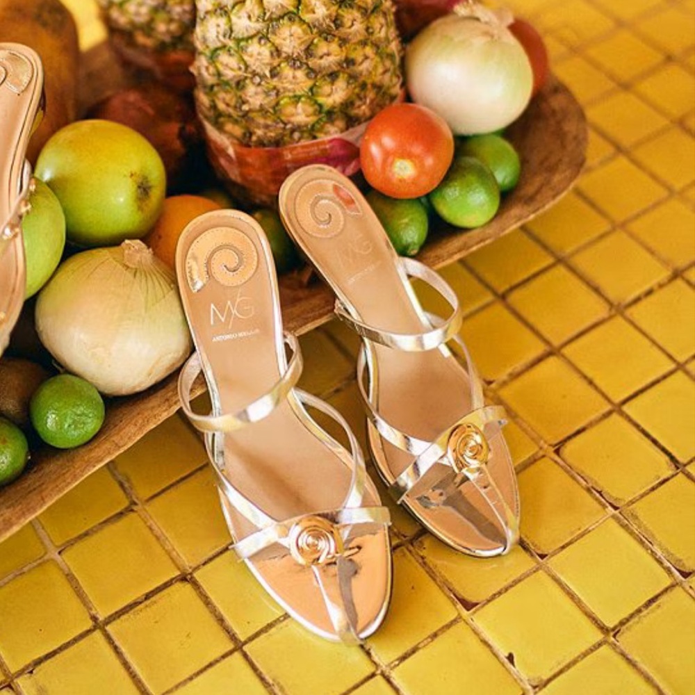 Antonio Melani x M.G. Style Leo Leather Shell Ornamented Dress Sandals